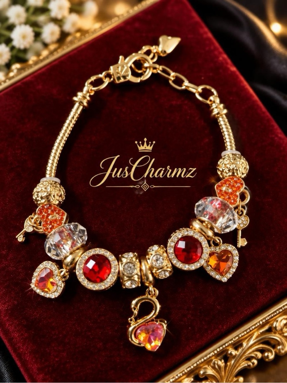 Anniversary Gift Red & Orange Crystal Heater Charm Bracelet